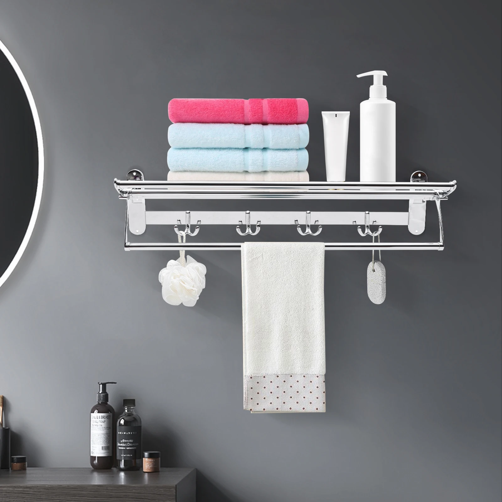 

Stainless Steel Bathroom Wall Mounted Towel Rack Hotel Rail Holder Storage Shelf Bath Towel Holder Rustproof Streamlined Design