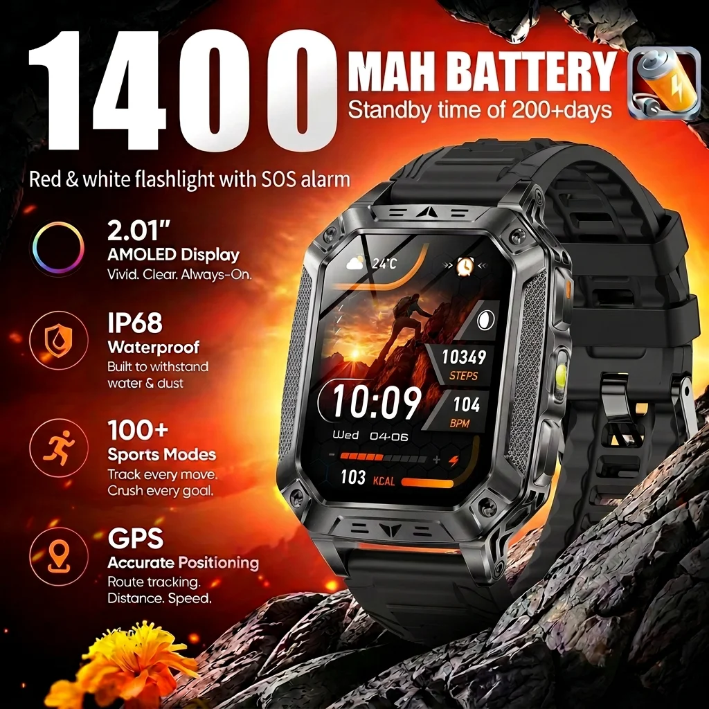 New Metal Military Grade Smart Watch 200 Days Battery Life 10ATM Waterproof Bluetooth Call Alert LED Flashlight Sports Watches