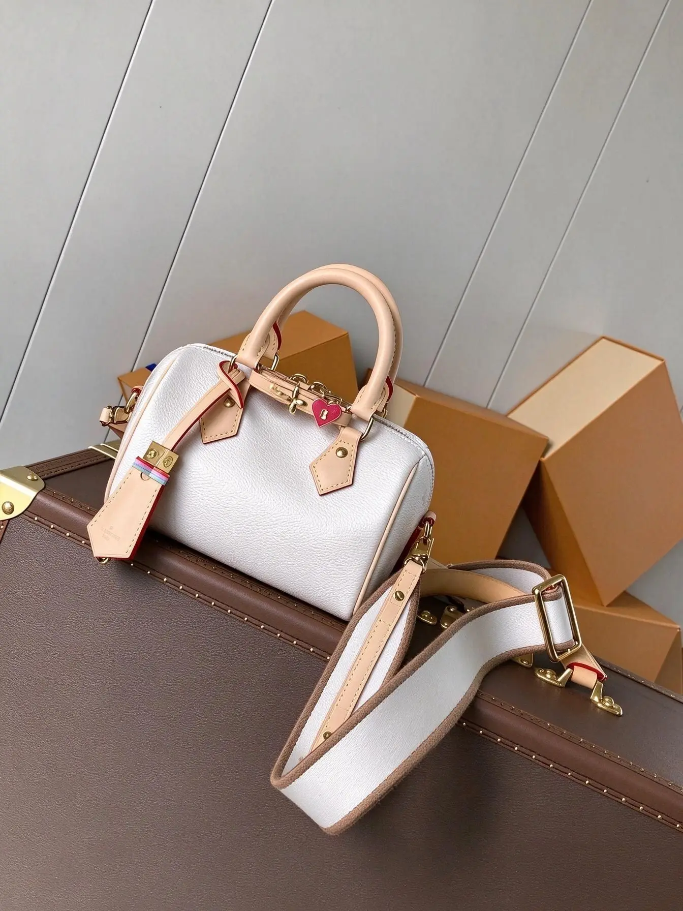 White & Light Tan Mini Boston Handbag for Women, Cylinder Small Purse with Heart Lock & Luggage Tag, Wide Webbing Strap Hand & Crossbody 2-in-1 Bag
