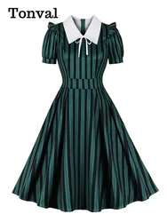 Tonval Contrast Collar Bow Front High Waist 40s 50s Vintage Dress Women Green and Black Striped Formal Pleated Dresses