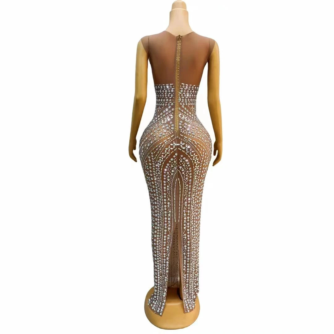 Silver Rhinestones Crystal Mesh Transparent Long Dress Sleeveless Evening Celebrate Birthday Party Outfit Singer Stage Costume