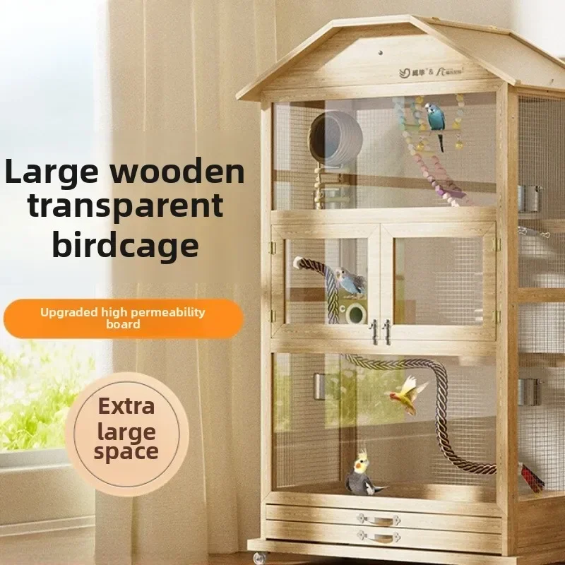 Bird Cage Solid Wooden Parrot Cage Large Extra Large Household Xuanfeng Peony Special Luxury Transparent Villa