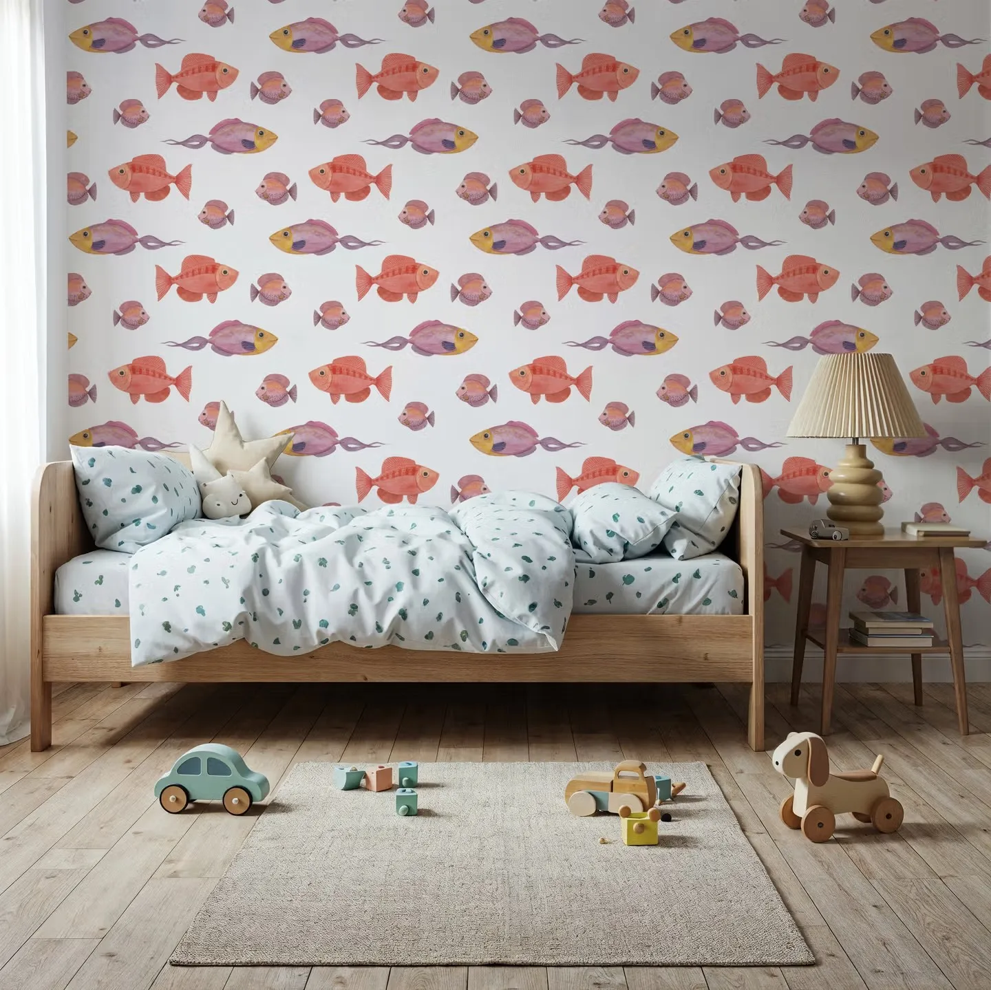 Customized wallpaper for children's rooms alternating grid pattern small fish painting wallpaper clay color blue green 3d mural