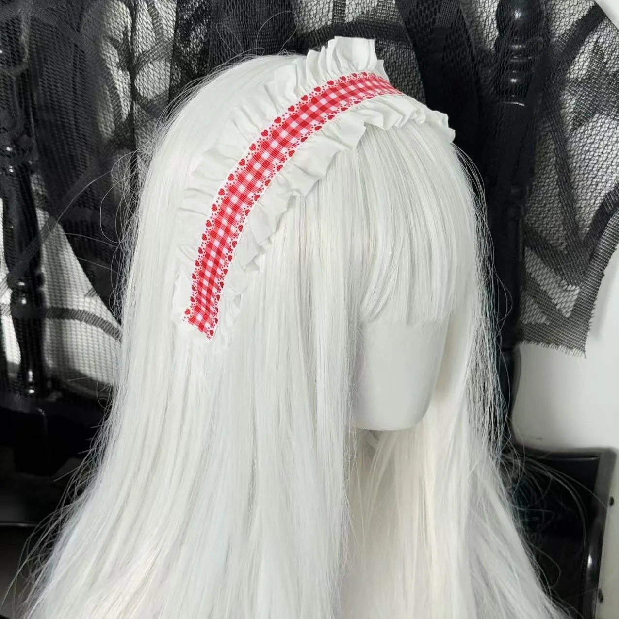 1Pcs Frauen Süße Spitze Herz-förmigen Grid Muster Lolita Stirnband Kopfschmuck Maid Cosplay Haar Zubehör Headwear Kopfschmuck
