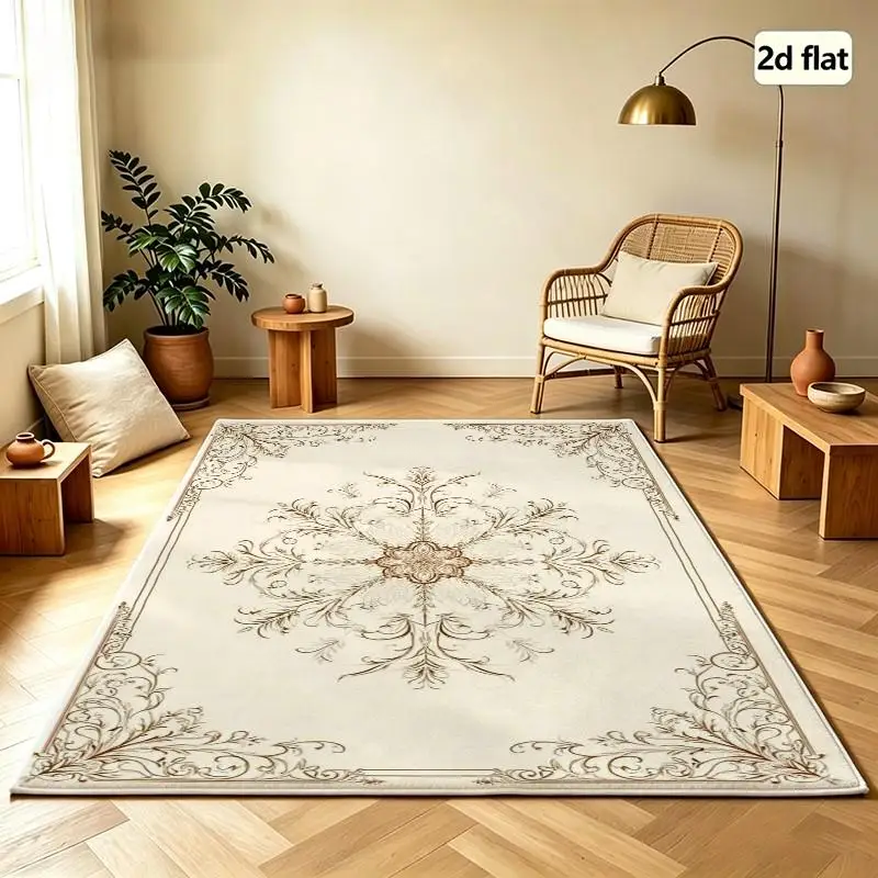 Carpet Flooring Cream Line Art Floral Square Area Rug Elegant Vintage Sketch Ornament Floor Carpet Room Decor