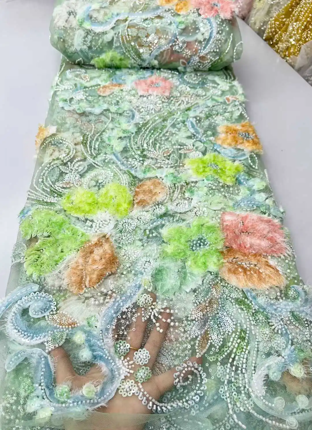 5 Yards African Beads Groom Tulle lace Fabric High Quality Sequins Embroidery French Tulle Laces For Nigeiran Party Sewing 2017