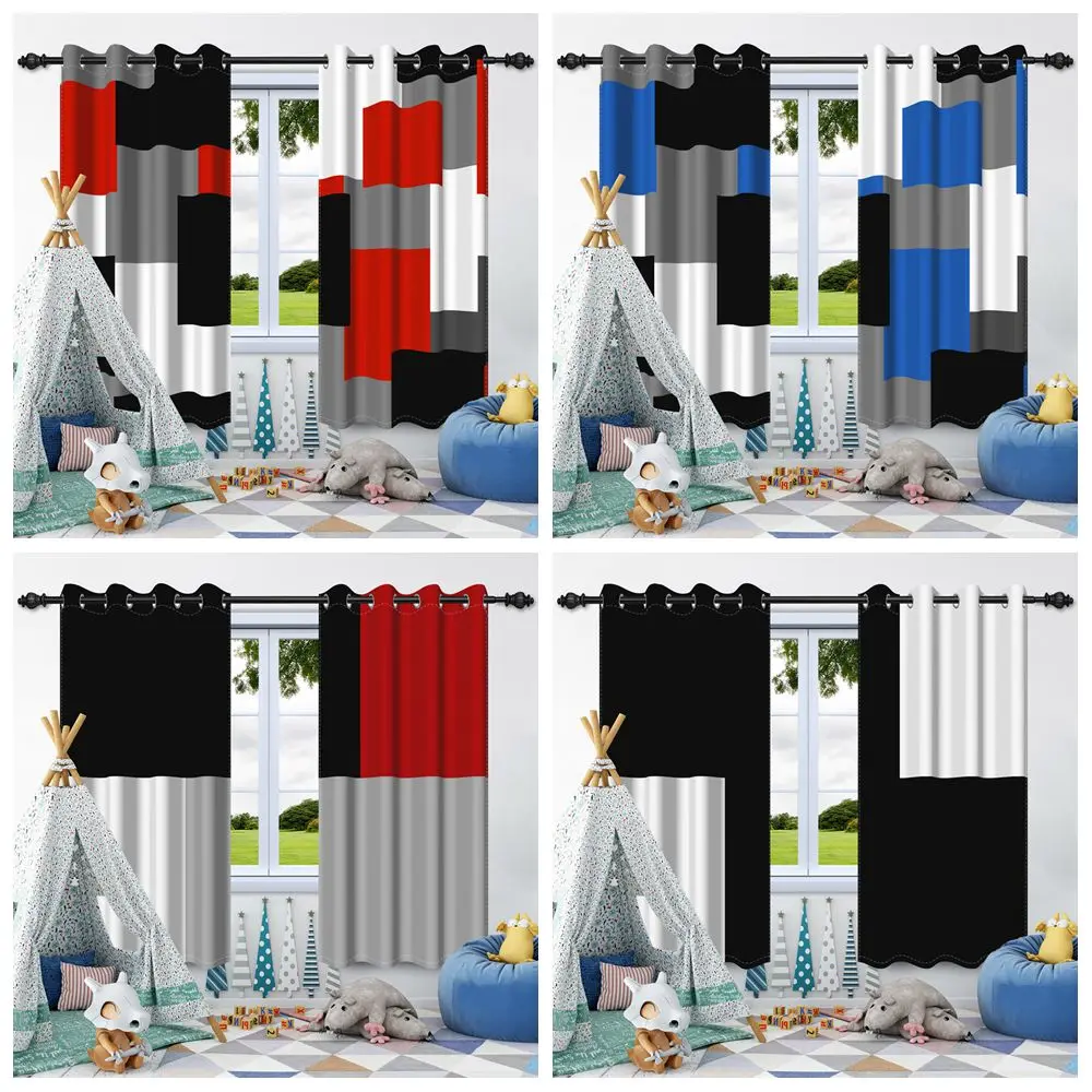 

2Pcs Modern Mixed Color Geometric Pattern Blackout Curtain Bedroom Living Room Darkening Grommet Thermal Insulated Window Drapes
