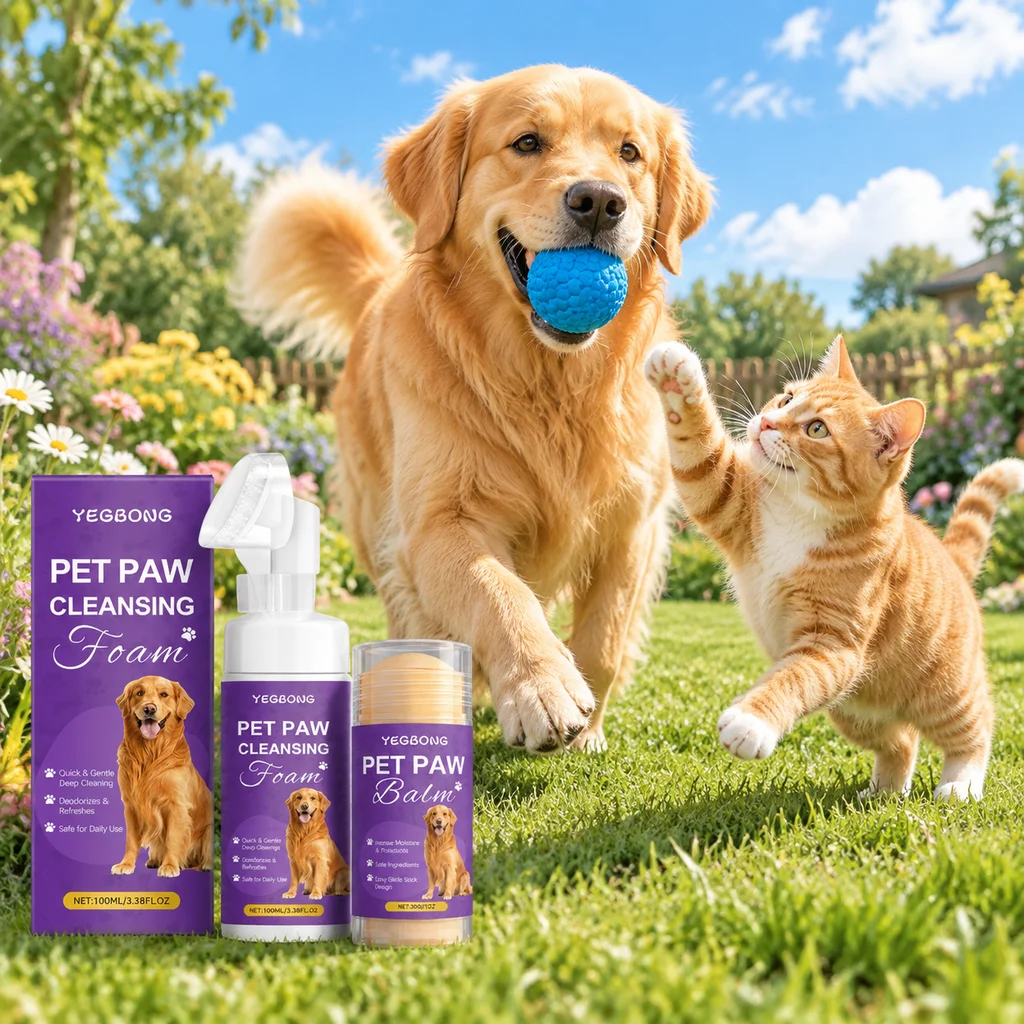 2pcs Paw Cleaner Foam And Paw Care Balm Stick Set Waterless With Brush Lasting Moisturizing For Rinse-Free Cat Paw Deep Cleanser