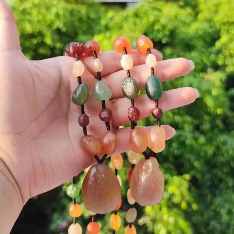 1pcs/lot Precious Rare Alxa Sugar Heart Gobi Agate Pendant Colorful Bright Raw Stone Braided Bead Necklace Women's Sweater Chain