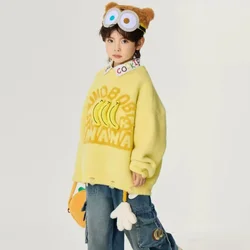Boys and Girls' Sweater Spring and Autumn New Style Letter Jacquard 3D Banana Knitted Hoodie Children's Loose Top