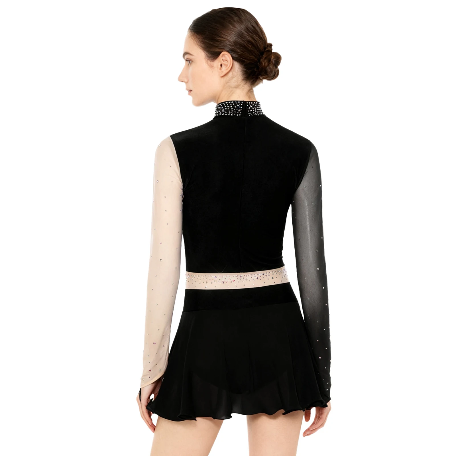 Womens Ballet Gymnastics Leotard Dress Figure Ice Skating Dancewear Long Sleeve Rhinestone Dress for Lyrical Dance Performance