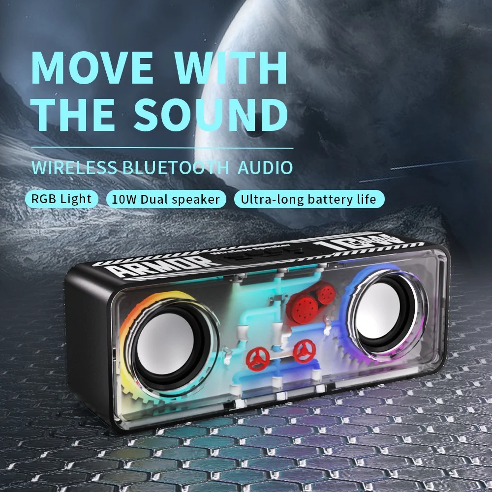 

Double speaker transparent mecha wireless Bluetooth speaker cyberpunk colorful lights small cannon bass sound