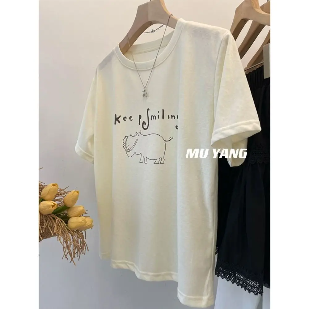 Casual Summer New Small Hippo Illustration Modal Short Sleeve T-Shirt round Neck Top Women Campus Trend White Lighting Age Re...