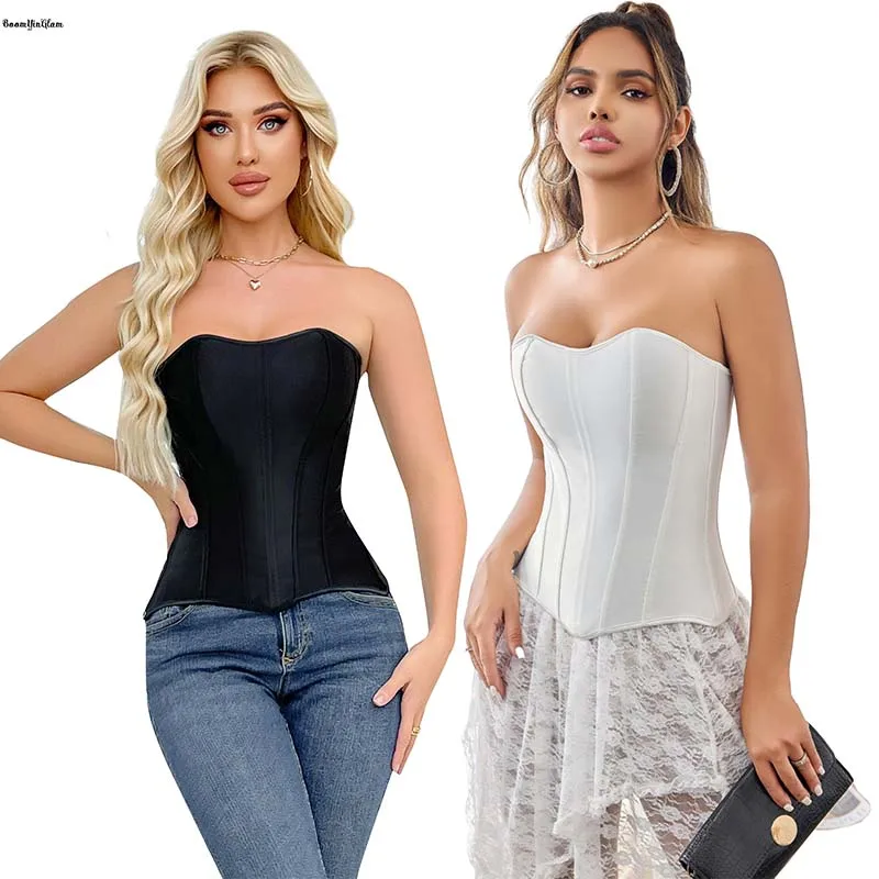 

15 Fish Bones Supported Black White Bra Bridal Bustier Satin Overbust Corset Top Plus Size Woman Corselet With Zip