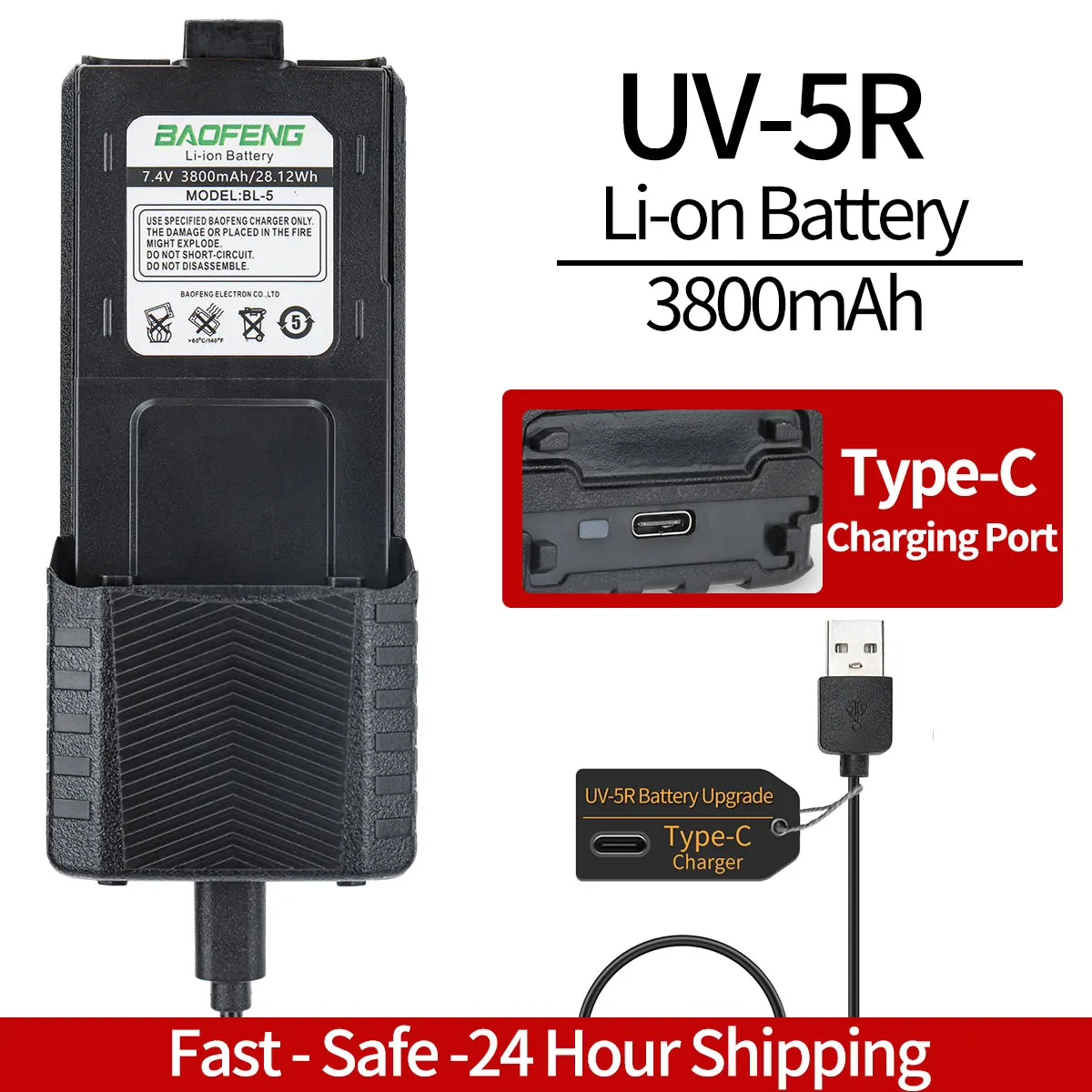 Boafeng originale UV-5R batteria di ricarica di tipo C 3800 MAh per radio BF-Walkie Talkie Boafeng F8HP UV5R UV-5RE UV-5RA 5RL 5RB