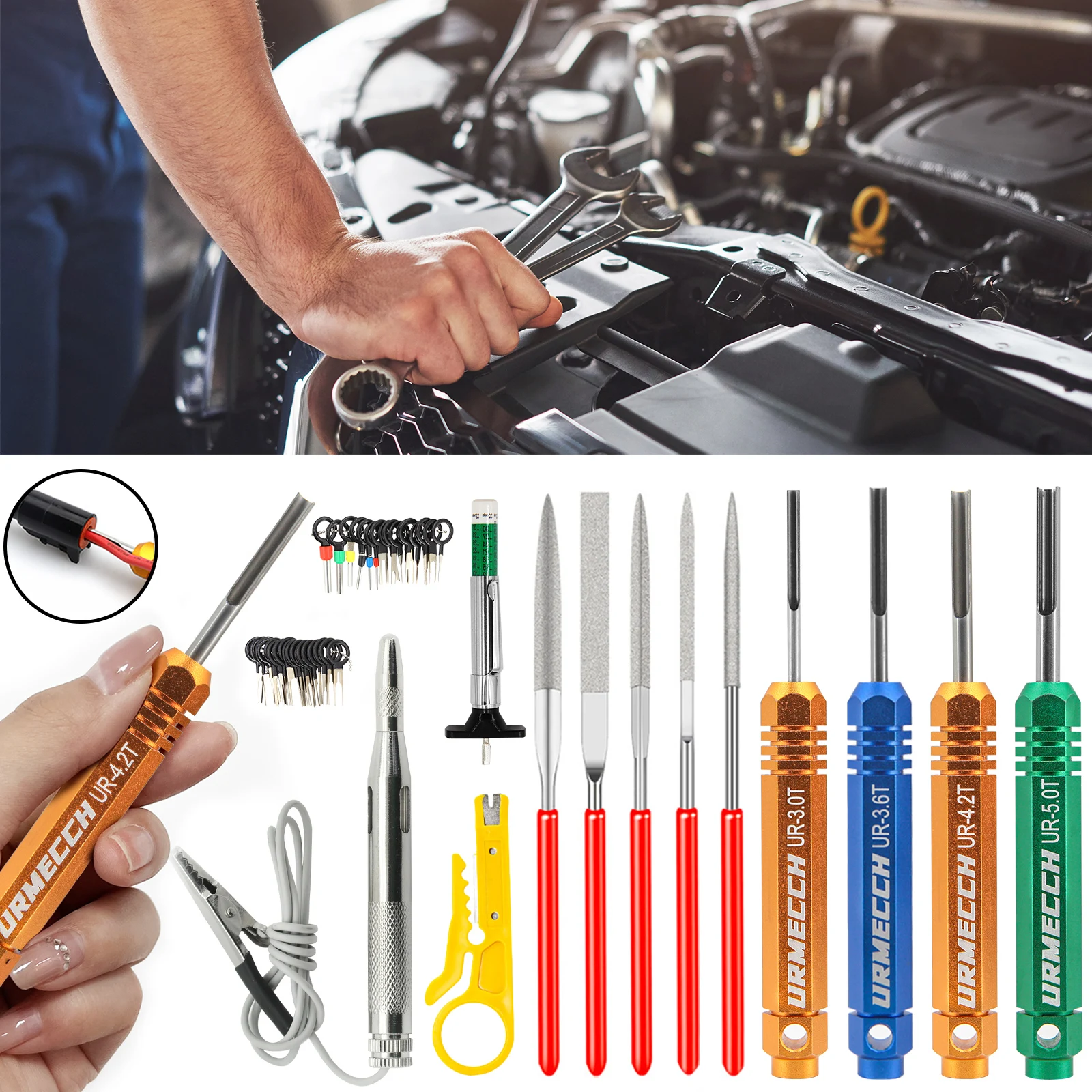 

Car Terminal Removal Tool Pin Removal Kit Diamond Grip Terminal Cleaner Voltage Test Pen Wire Cable Cutter Tire Tread Depth Gaug