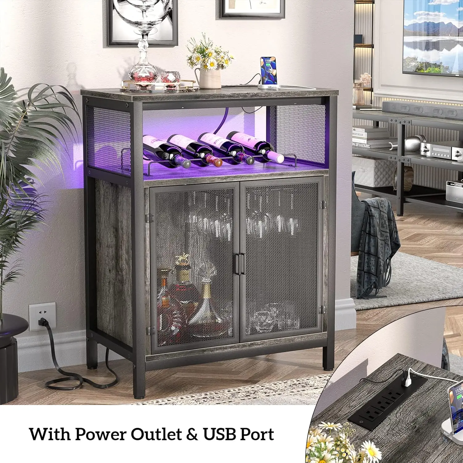 Unikito Wine Bar Cabinet with RGB Light and Outlet, FreeStanding Wine Rack Table, Liquor Cabinet with Glass Holder