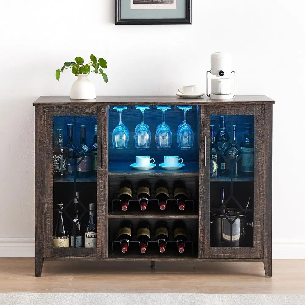 

Wine Bar Cabinet with Led Light, Glass Door Liquor Cabinet with Wine Rack, Coee Bar Table with Storage, Liquor Sideboard with Ad