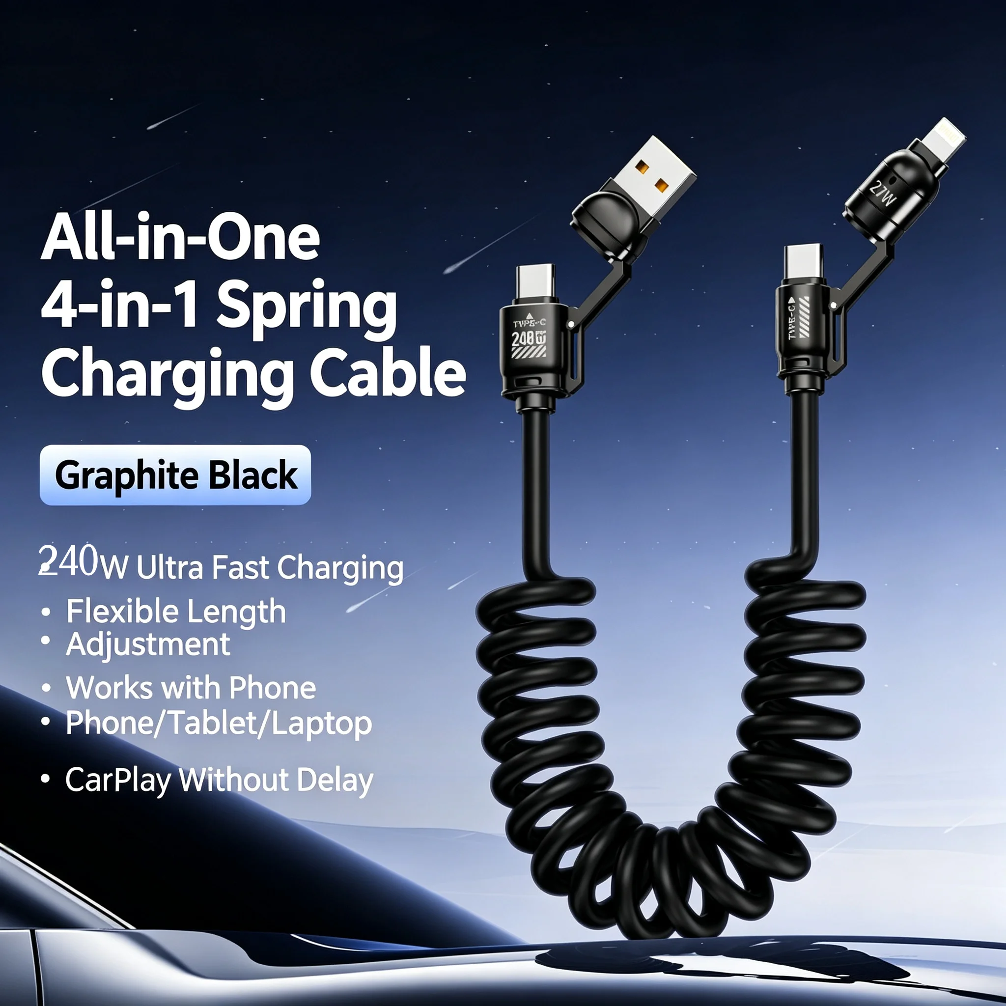 Multi‑Mode 4‑in‑1 Spring Retractable Charging Cable, USB‑A/Type‑C to Type‑C/Lightning 240W Fast Charger Cord