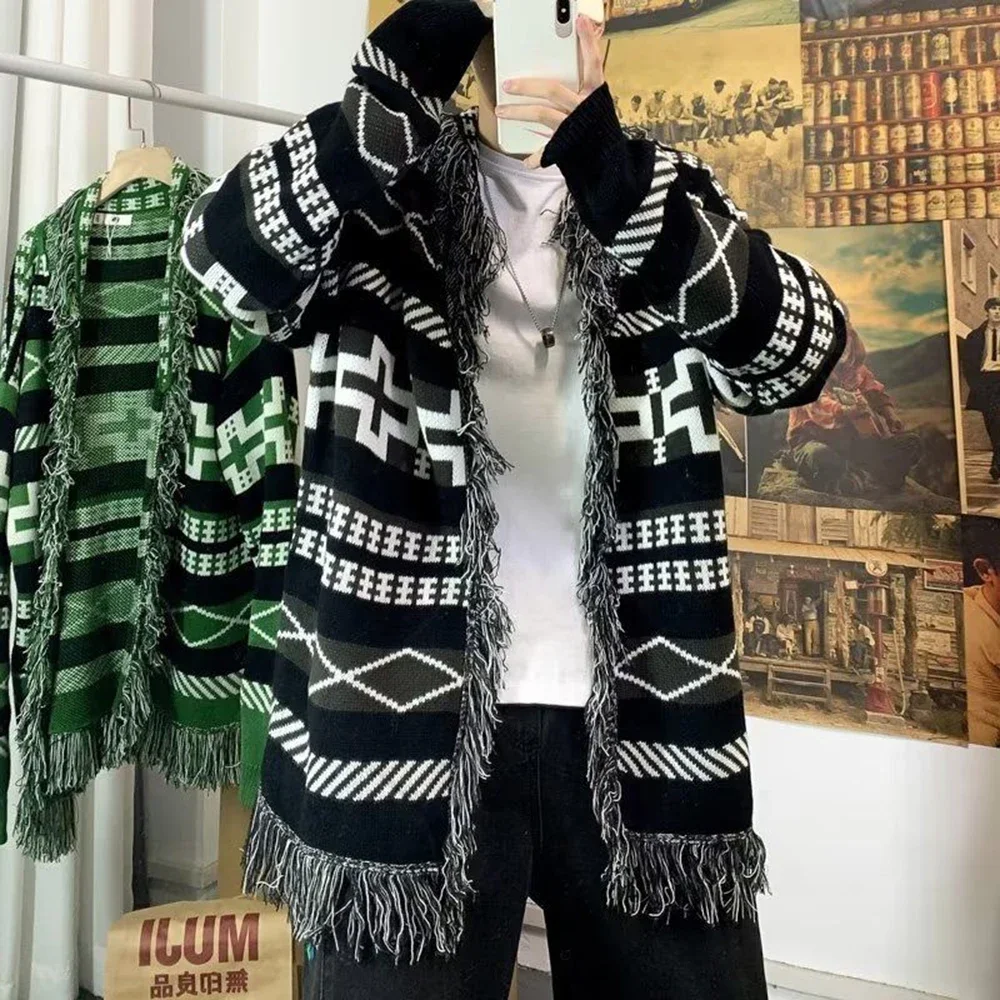 Mens Cardigan Geometric Fringe Designer Knitted Robe Streetwear Fashion Luxury Warm Valentines Sweater Men'S Clothing  New