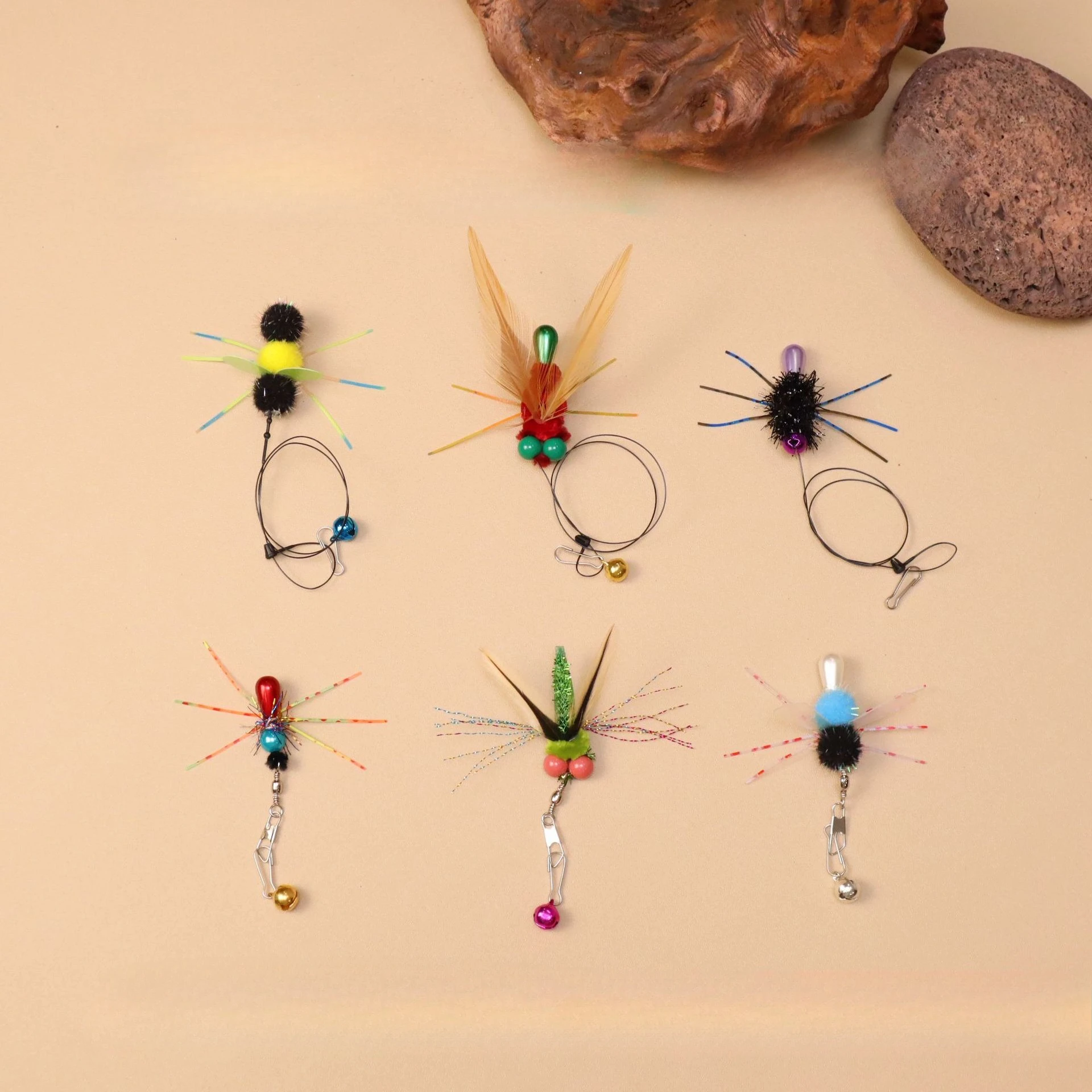 3pcs Colorful Simulation Insect Cat Teaser Stick Heads Feather Bee Dragonfly Pet Toy