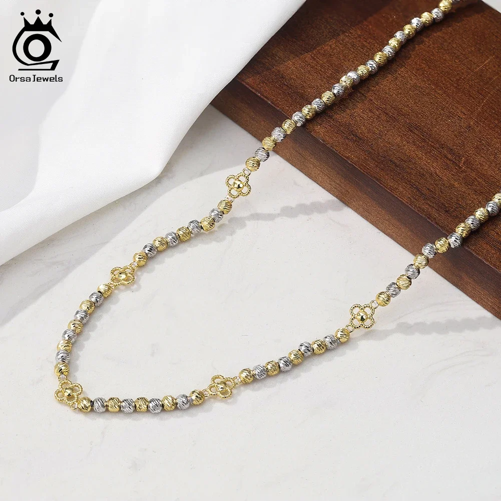 

ORSA JEWELS Genuine 925 Sterling Silver Beaded Chain Necklace with Clover Flower Fashion Fine Choker Jewelry Party Gift GAN11