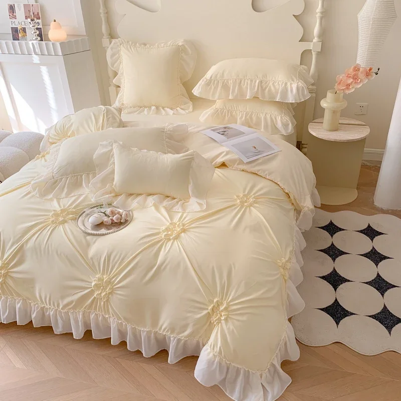 Set biancheria da letto in pizzo Svetanya Francia Romantic Princess Wedding Ruffles Bow Copripiumino morbido Lenzuolo Federe