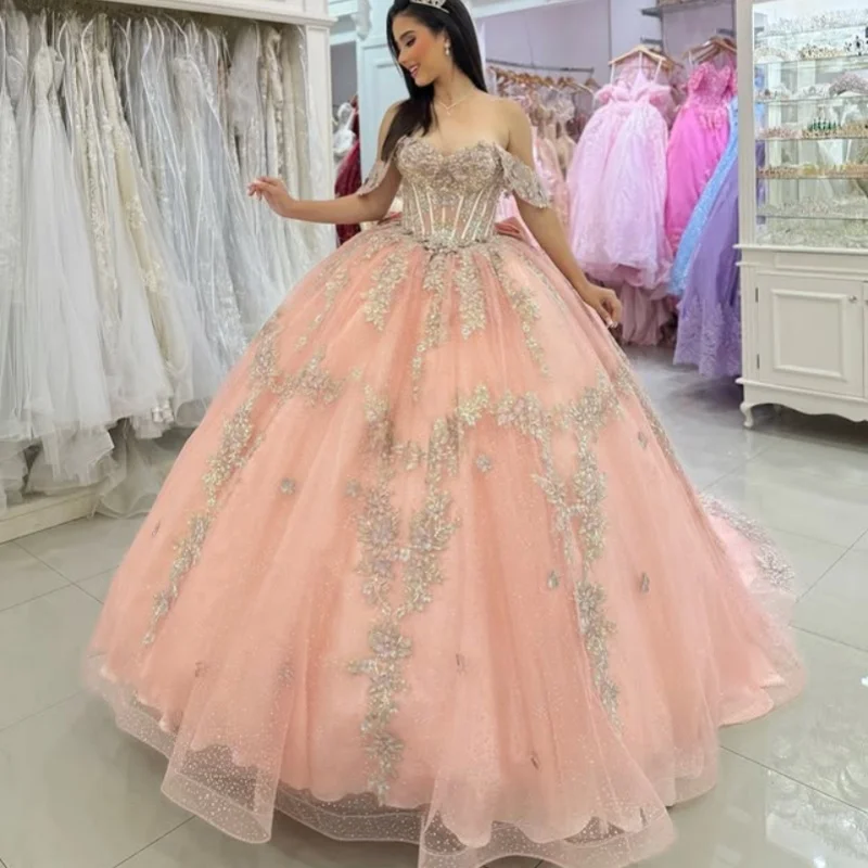 Light color Quinceanera Dress off-shoulder Lace  crystal glitter decal Long tail Bow vestidos de 15 Quinceanera ﻿Customize