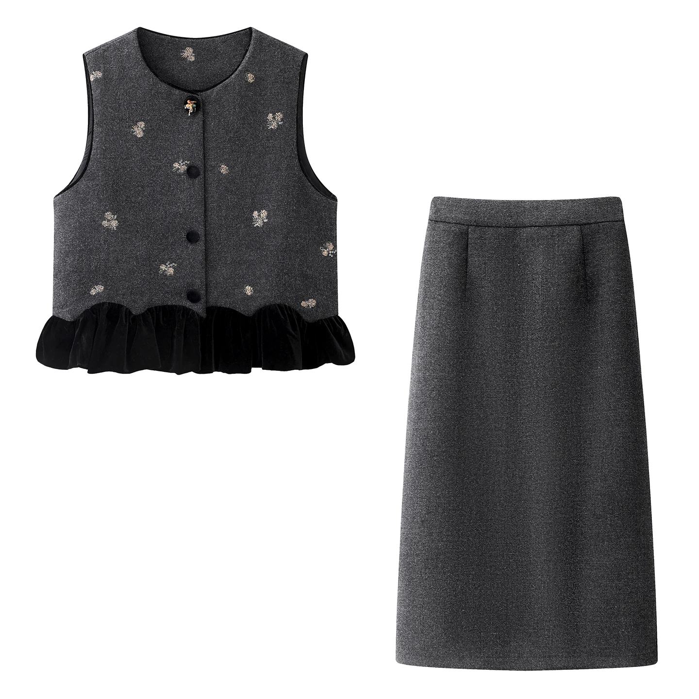 Elegant Embroidered Color Block Vest Set Women's Fashion Spring 2026  Skirt Two-Piece Suit Retro Style Casual Wear