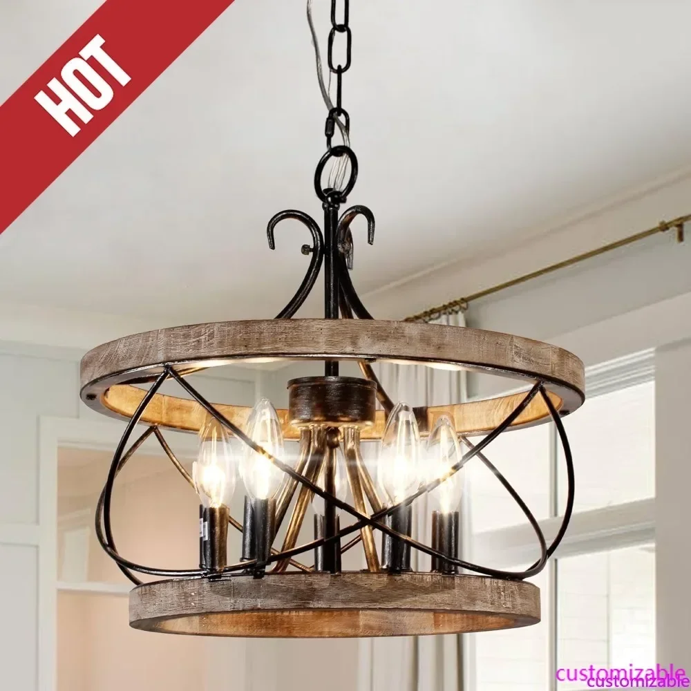 Customizable-5-Light Farmhouse Wood Chandelier Light Fixture, 15.7" French Country Rustic Industrial Drum Hanging Pendant Lighti