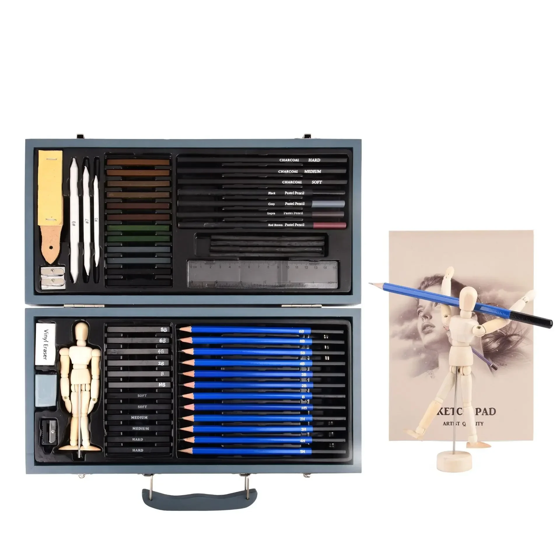 Kalour 60 Pcs Art Painting Set Charcoal Brush Wooden Sketching Pencil Box Tools Professional Drawing Painting Set Art Supply