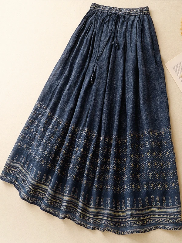 

Двухслойная юбка трапециевидной формы с высокой талией и этническим принтом, большие размеры, женская повседневная летняя длинная юбка с эффектом похудения