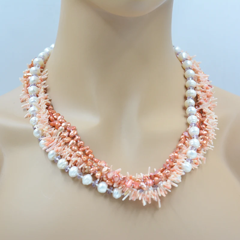 

Fashionable women's party necklace. 5 shares. Natural Baroque freshwater pearls+natural corals 21 inches