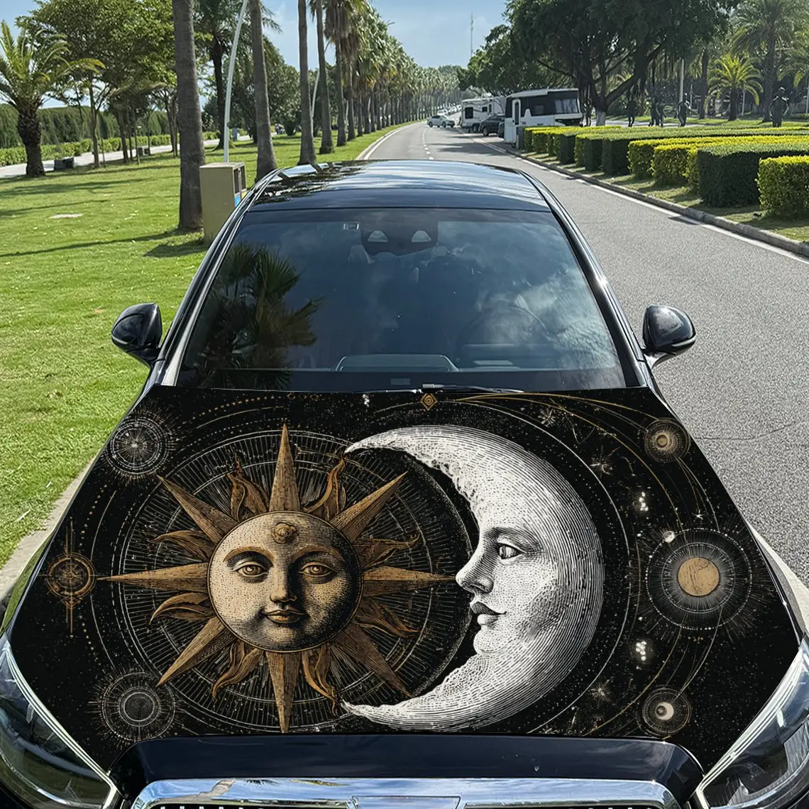 Bronze-toned Sun-moon Print Car Hood stickers , PVC Material Multifunctional Car Hood Stickers, Scratch-Resistant & Fade-Proof,