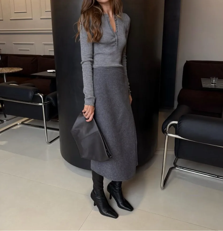 Herbst Winter Neue Damen-Pendlerkleidung Grauer Woll-Midirock Eleganter Hochtaillierter Knopf-Schlitzrock für Damen – Detail 10