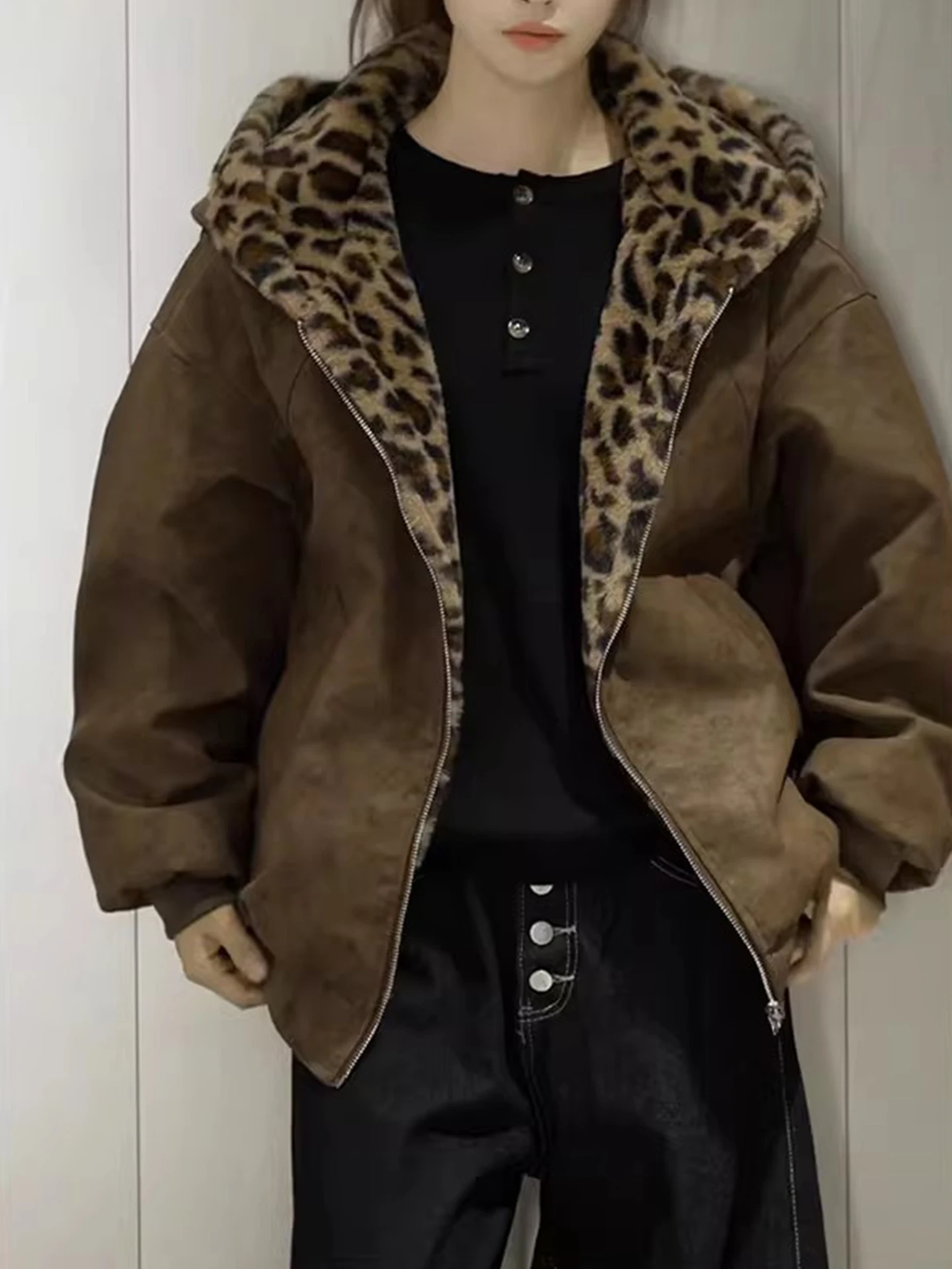 

Men's Thiened Fce Lined Hooded PU Leather Cotton Jaet Leopard Print Patchwork Two-Way Wear Winter Coat Mountain Eagle