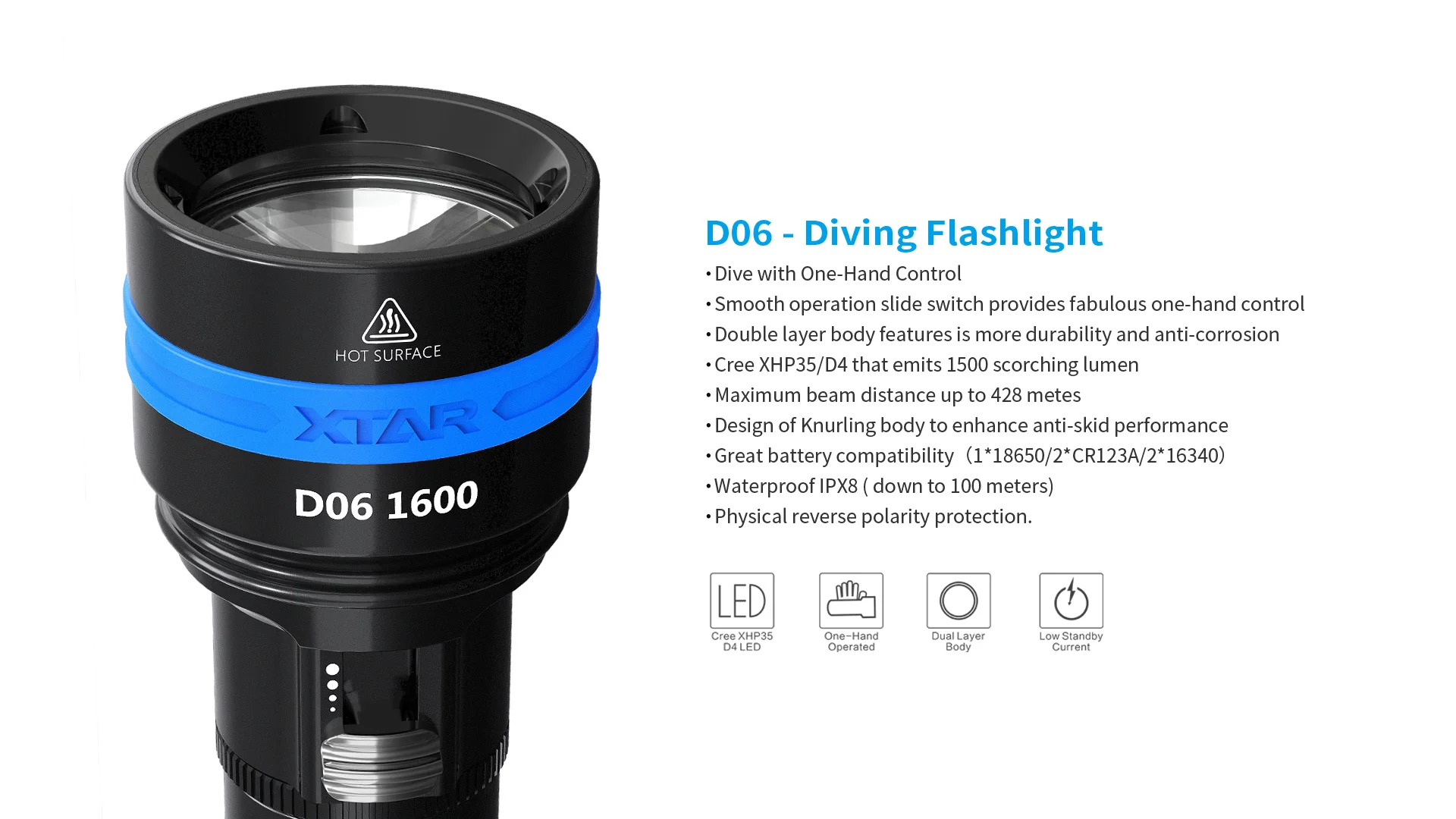 XTAR Diving Flashlight D06 1600 Lumens Diving Depth 100m Waterproof Dive Light Spearfishing Lamp LED Flashlight 18650 Battery