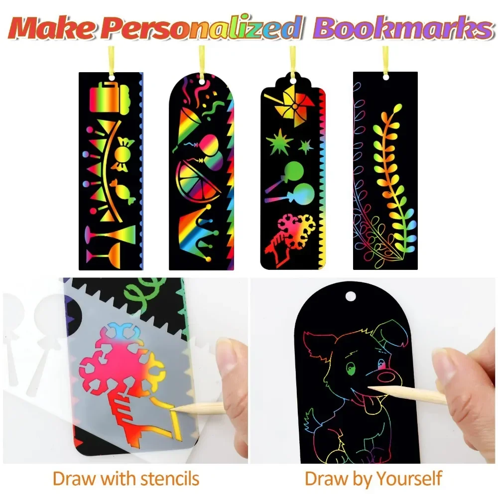 24 Pcs Scratch Bookmarks Rainbow Colored Magic Scratch Paper DIY Bookmark Crafts for Kids Painting Card Educational Drawing Toy