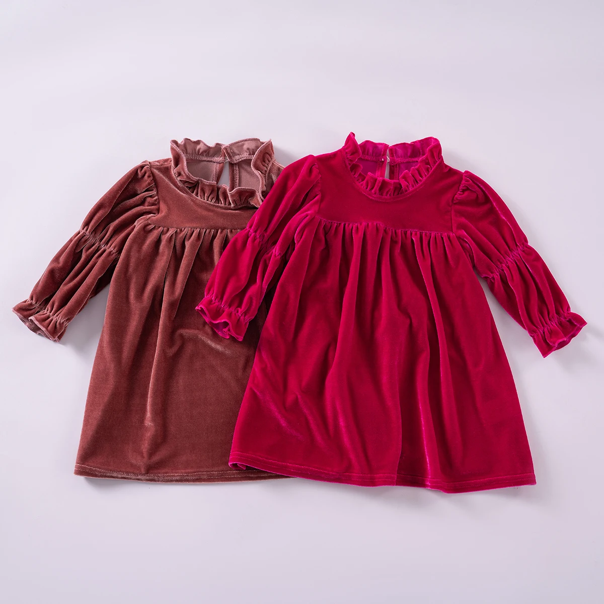 Baby Girl Velvet Dress Solid Autumn Ruffle Collar+Long sleeved Dress Toddler Noble Style Daily or Party Dressing Fashion 1-6Y