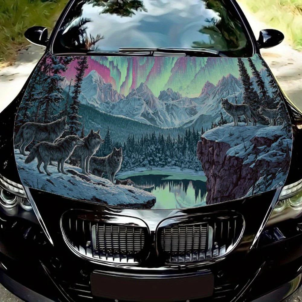 Aurora Cliff Stream Wolf Pack Car Engine Hood Sticker, Auto Art Decal, Car Exterior Personalized Decoration, Gift for Car Lovers