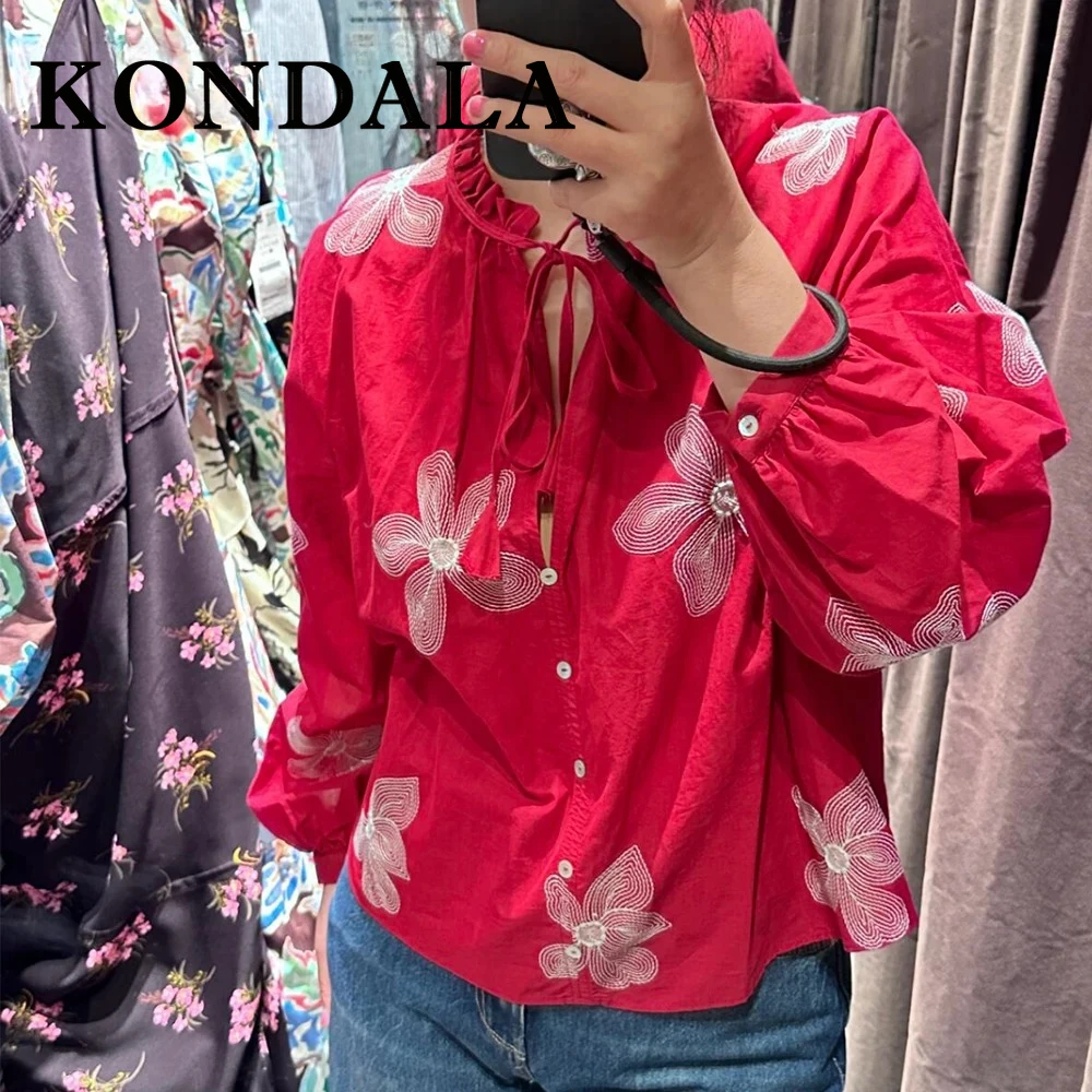 

KONDALA винтажные женские рубашки с красной цветочной вышивкой, модная весенняя блузка большого размера 2024, уличная одежда, свободные шикарные праздничные рубашки