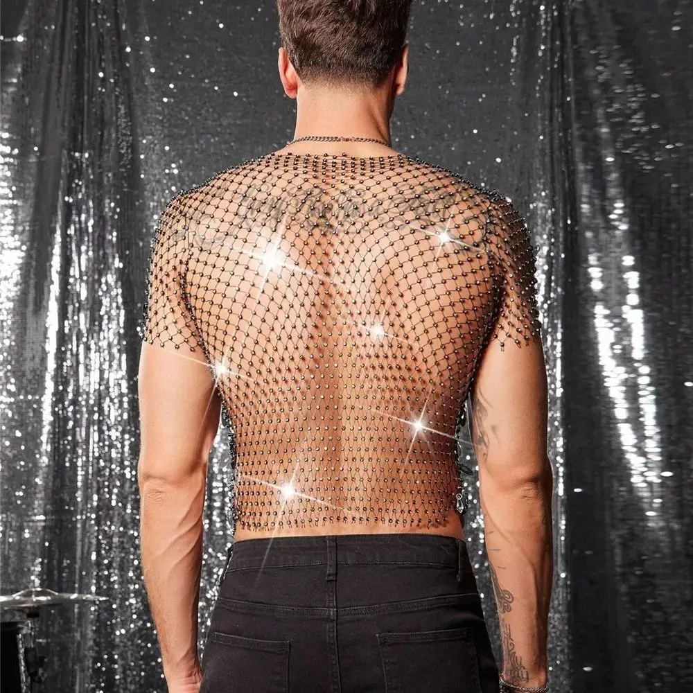 Men's Nightclub Flashy V-Neck Short Sleeve Summer Sexy Openwork Mesh Top Breathable Beaded Sequined Design Men's Clothing
