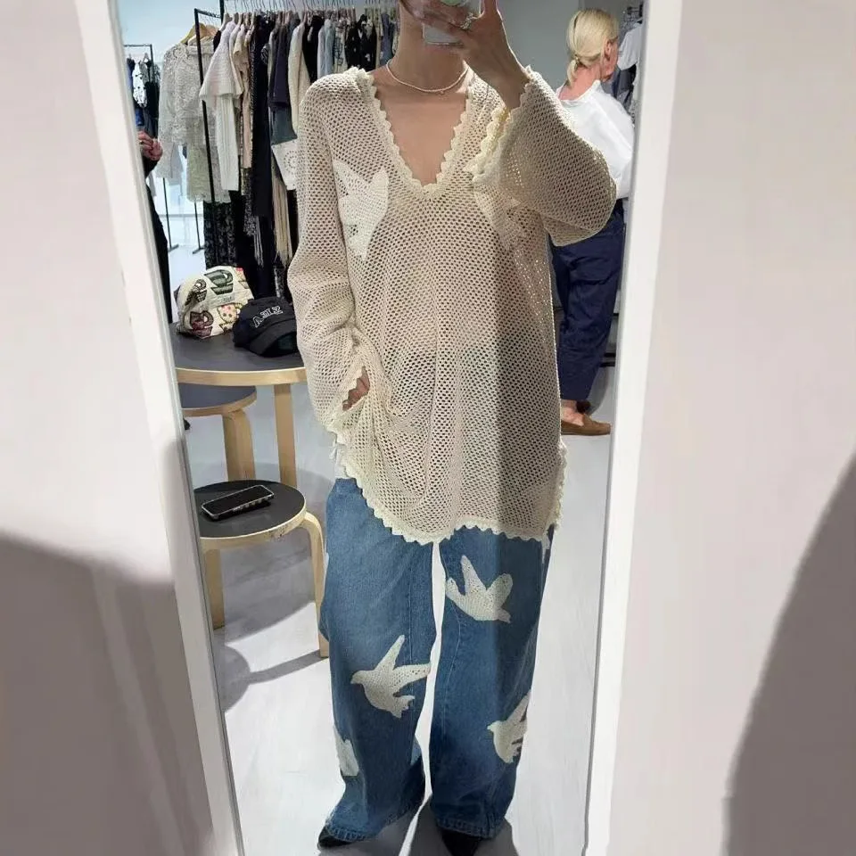 

2025 Sezanes Retro Elegant New Fashion Modern Mesh Hollow Embroidery Flying Bird V-Neck Short Dress Women