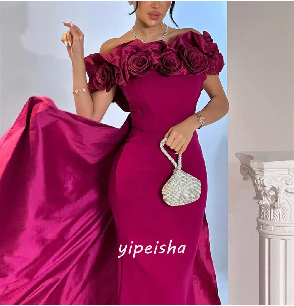 Customized  Sexy Casual   Jersey Flower Ruched Christmas A-line Off-the-shoulder Bespoke Occasion Gown Long Dresses