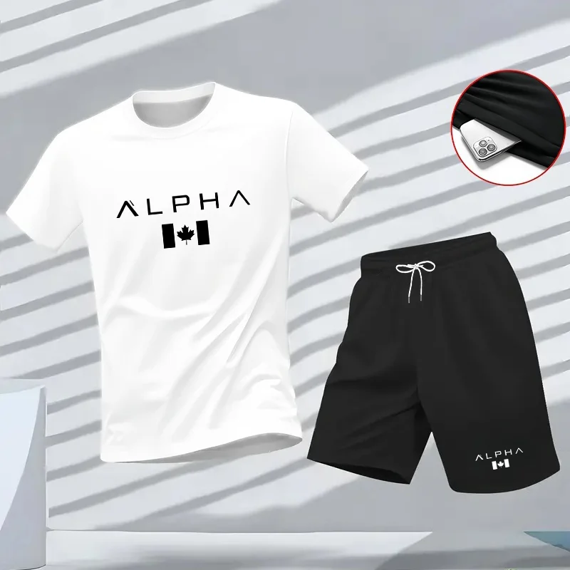 Men's summer fitness and sportswear set, round-neck short-sleeved T-shirt fashionable and casual view 5