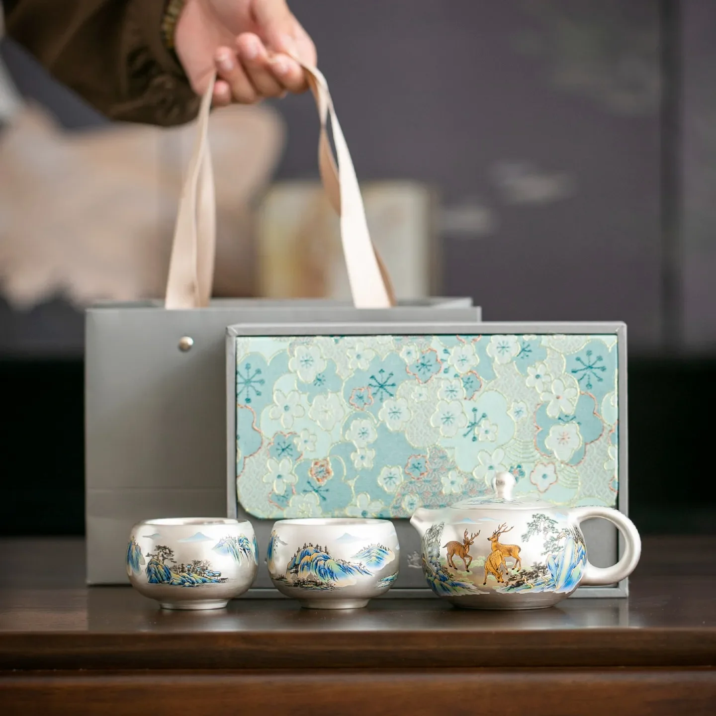 Qingfu Mountain Deer Silver Tea Set Ceramic One Pot Two Cups Kung Fu Tea Set Gift for Elders