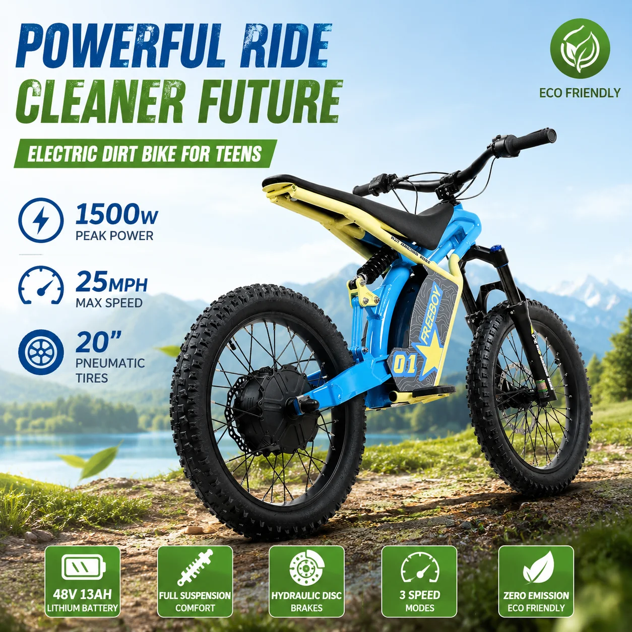 

1500W Professional Electric Dirt Bike for Teens 25MPH Off-Road E-Bike with Full Suspension & Hydraulic Brakes