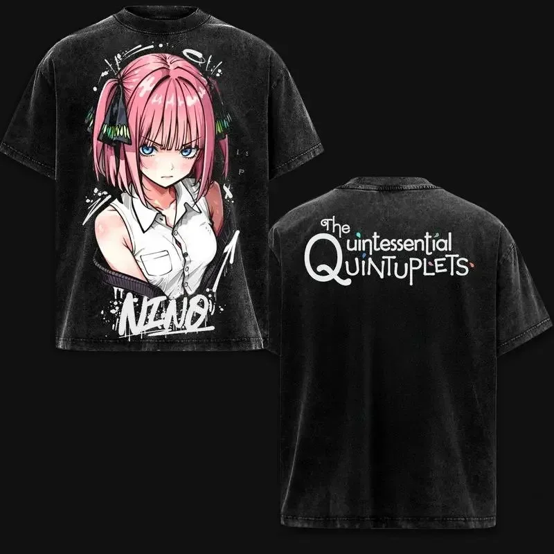 Anime japonés caliente The Quintessential Quintuplets Nino Print Tee lavado de gran tamaño Vintage lavado producto caliente de alta calidad Unisex
