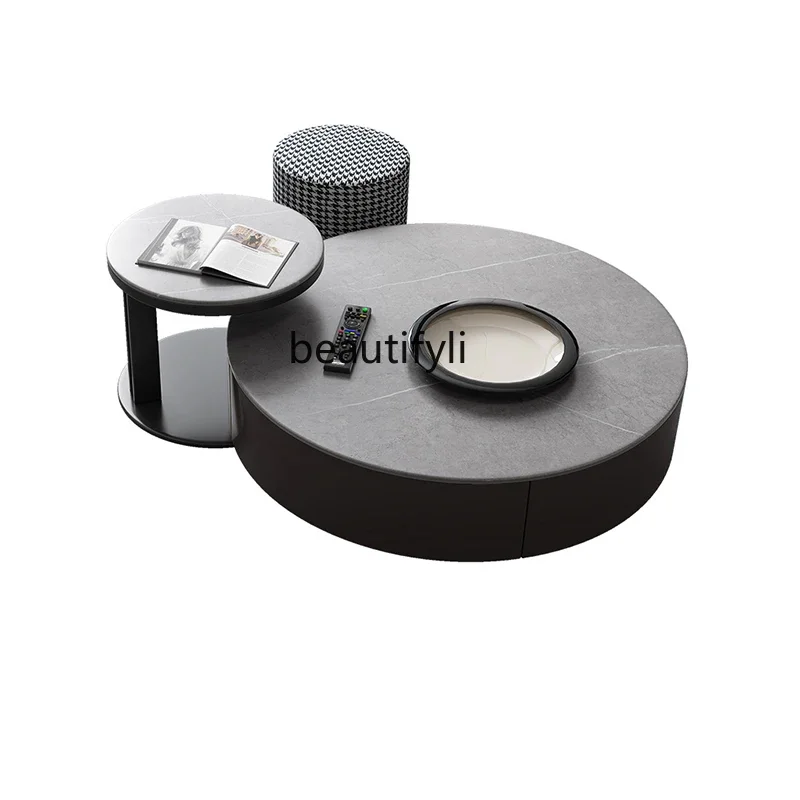 

Stone Plate Coffee Table Living Room Nordic round Side Table Retractable TV Cabinet Unit