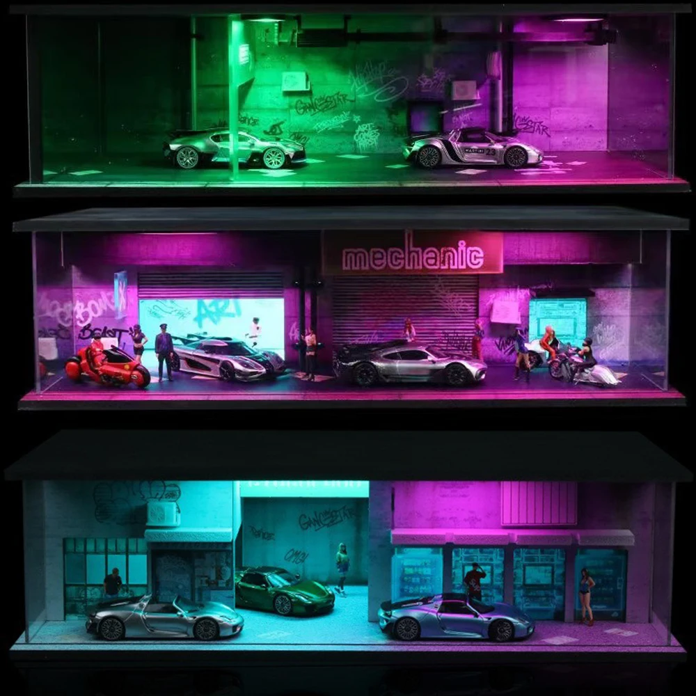 

1/64 Scale Miniature Punk Style Car Garage Diorama Models Set Car Toy Scene Street View Garage Parking Lot Diorama